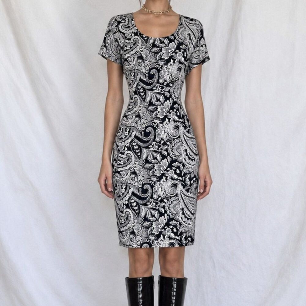 Vintage Y2K Blue White Geometric Print Short Sleeve Knee Length Knit Dress M/L